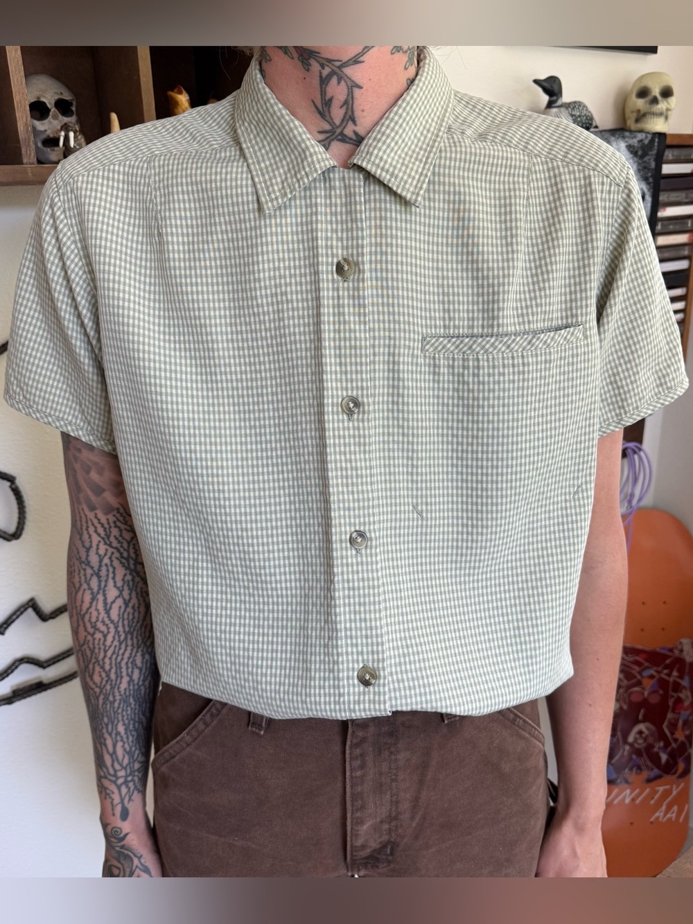 Vintage 90s 2000s Columbia Gingham Loop Collar S/S Button Down Shirt ~ Size M